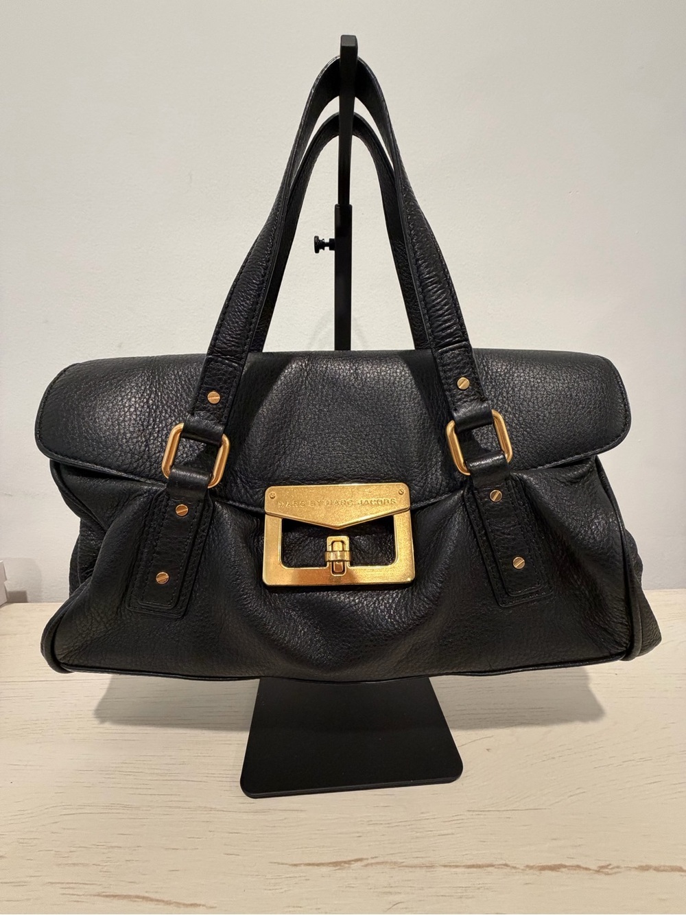 Marc Jacobs Black Leather Satchel with Gold Buckle